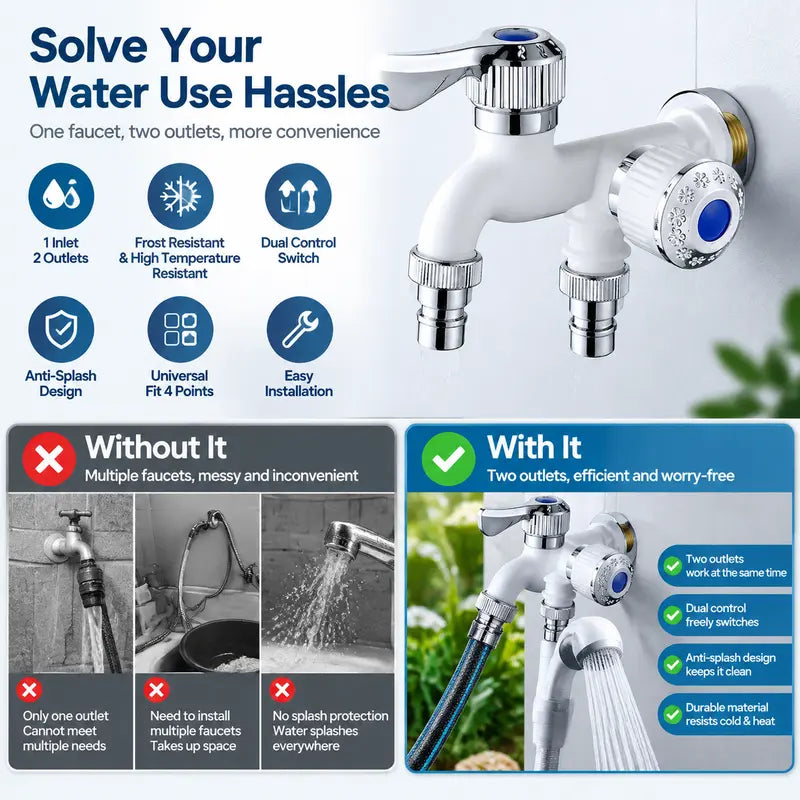 🔥Last Day 50% OFF -🔥Dual Outlet Washing Machine Plastic Faucet, 1 In 2 Out Water Plastic Tap, 3/4 Inch Universal Connector