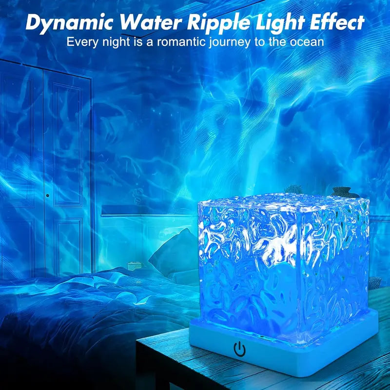Dynamic blue water ripple effect in a bedroom