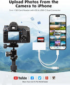 Portable MicroSD Card Reader - Dual Connector USB C & iPhone Connector, USB 3.0 Dual-Slot Memory Reader for iPhone/iPad Cameras, Supports SD/TF, Android Devices Compatible, 2-Way Sync & Tracking Camera Viewer