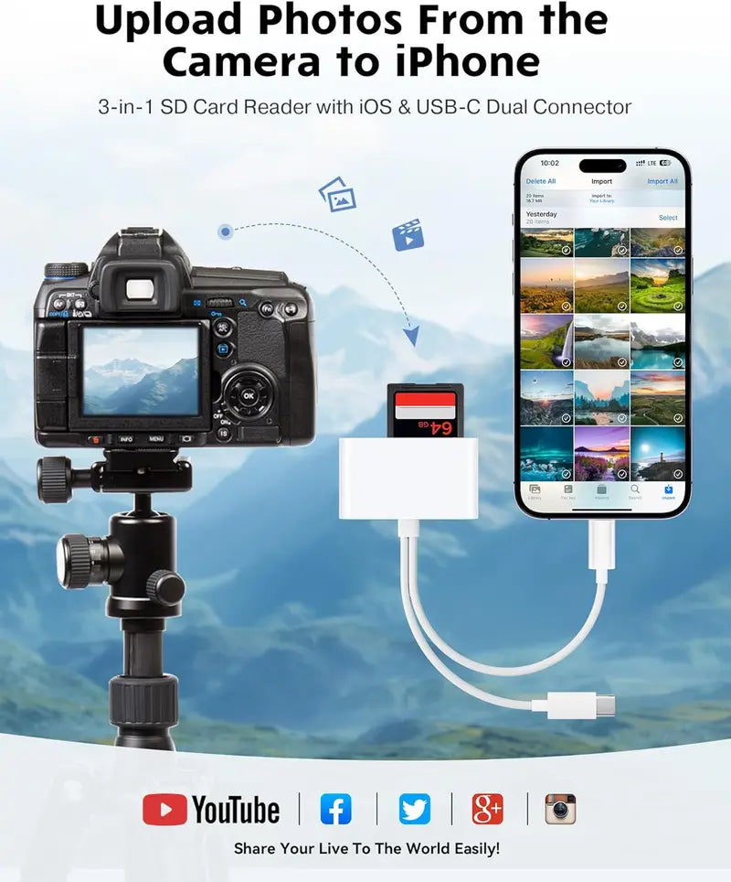 Portable MicroSD Card Reader - Dual Connector USB C & iPhone Connector, USB 3.0 Dual-Slot Memory Reader for iPhone/iPad Cameras, Supports SD/TF, Android Devices Compatible, 2-Way Sync & Tracking Camera Viewer
