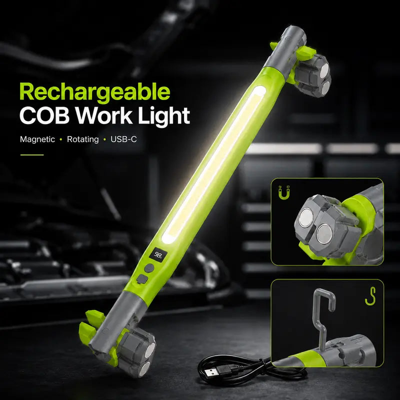 Rechargeable COB Work Light, USB-C Magnetic LED InspectionLight with Hook & Clamp, 360° Rotating Portable GarageMechanic Light for Car Repair