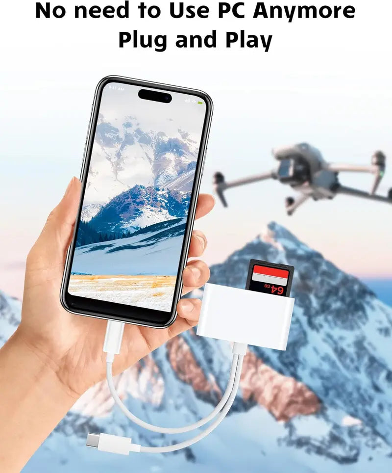 Portable MicroSD Card Reader - Dual Connector USB C & iPhone Connector, USB 3.0 Dual-Slot Memory Reader for iPhone/iPad Cameras, Supports SD/TF, Android Devices Compatible, 2-Way Sync & Tracking Camera Viewer