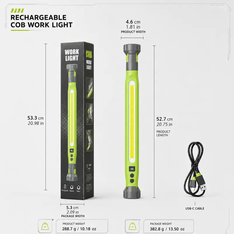Rechargeable COB Work Light, USB-C Magnetic LED InspectionLight with Hook & Clamp, 360° Rotating Portable GarageMechanic Light for Car Repair