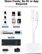 Portable MicroSD Card Reader - Dual Connector USB C & iPhone Connector, USB 3.0 Dual-Slot Memory Reader for iPhone/iPad Cameras, Supports SD/TF, Android Devices Compatible, 2-Way Sync & Tracking Camera Viewer