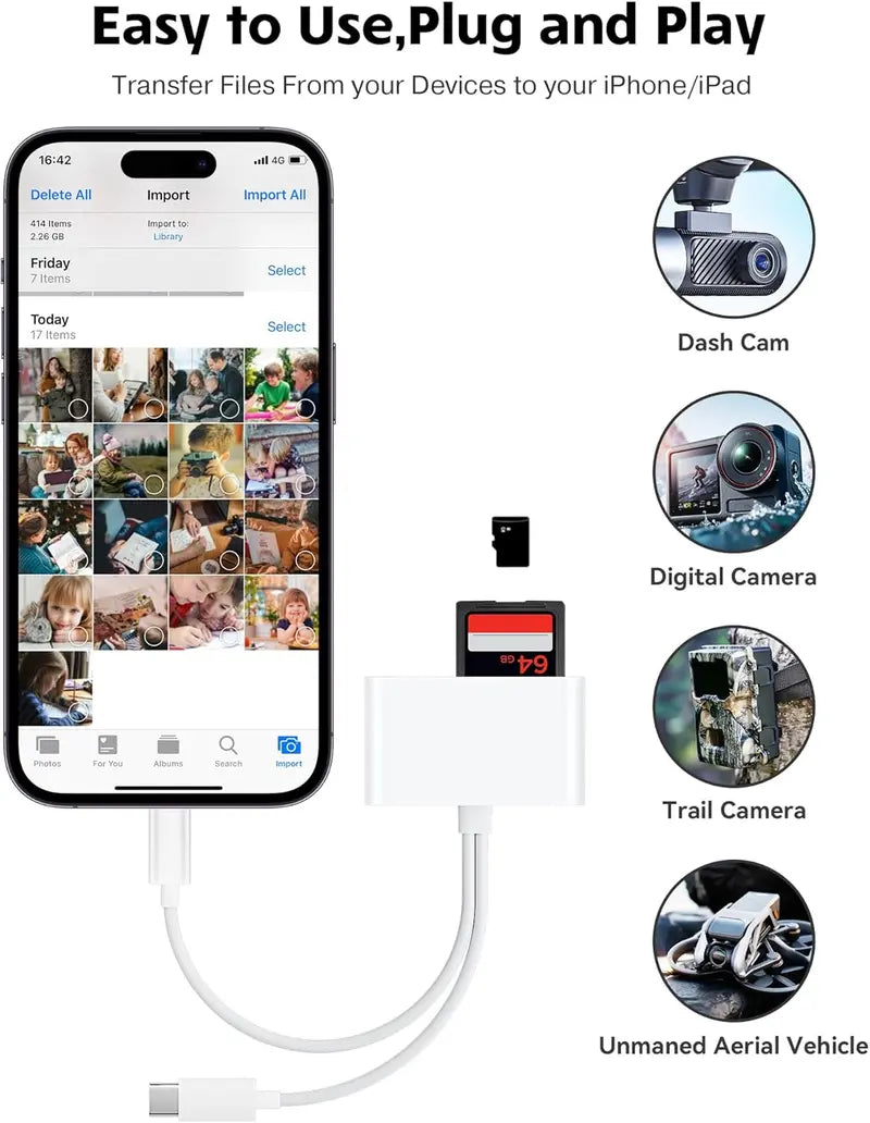 Portable MicroSD Card Reader - Dual Connector USB C & iPhone Connector, USB 3.0 Dual-Slot Memory Reader for iPhone/iPad Cameras, Supports SD/TF, Android Devices Compatible, 2-Way Sync & Tracking Camera Viewer