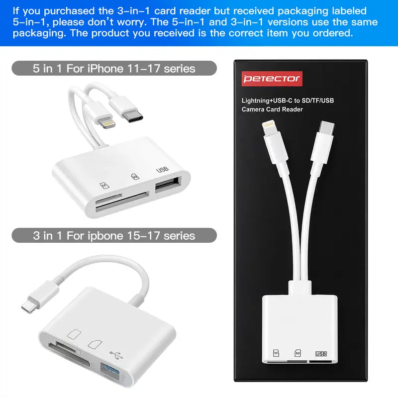 Portable MicroSD Card Reader - Dual Connector USB C & iPhone Connector, USB 3.0 Dual-Slot Memory Reader for iPhone/iPad Cameras, Supports SD/TF, Android Devices Compatible, 2-Way Sync & Tracking Camera Viewer