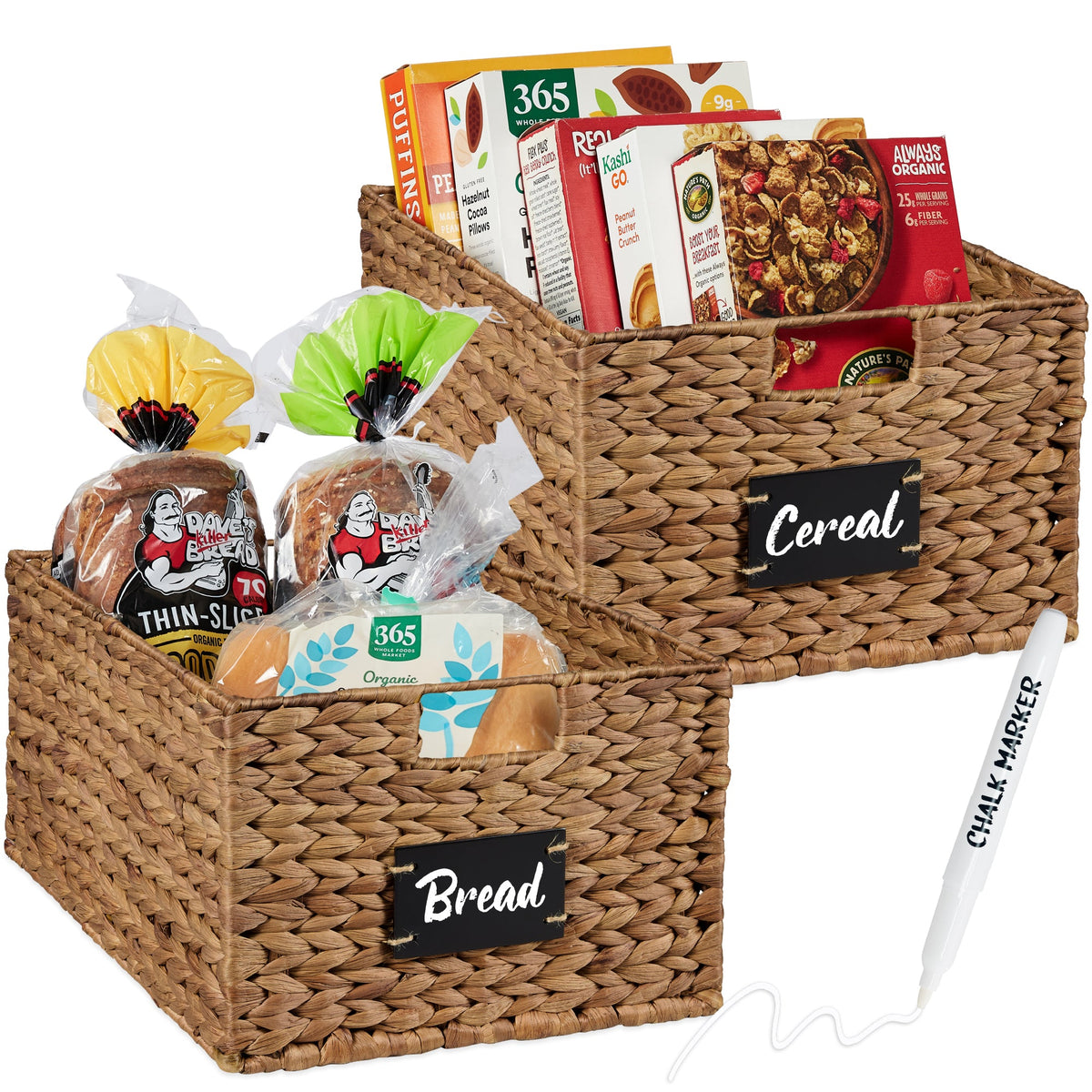 Set of 2 Water Hyacinth Pantry Baskets w/ Chalkboard, Marker - 16in