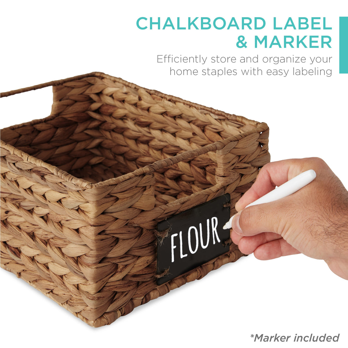 Set of 4 Water Hyacinth Pantry Baskets w/ Chalkboard, Marker - 12in