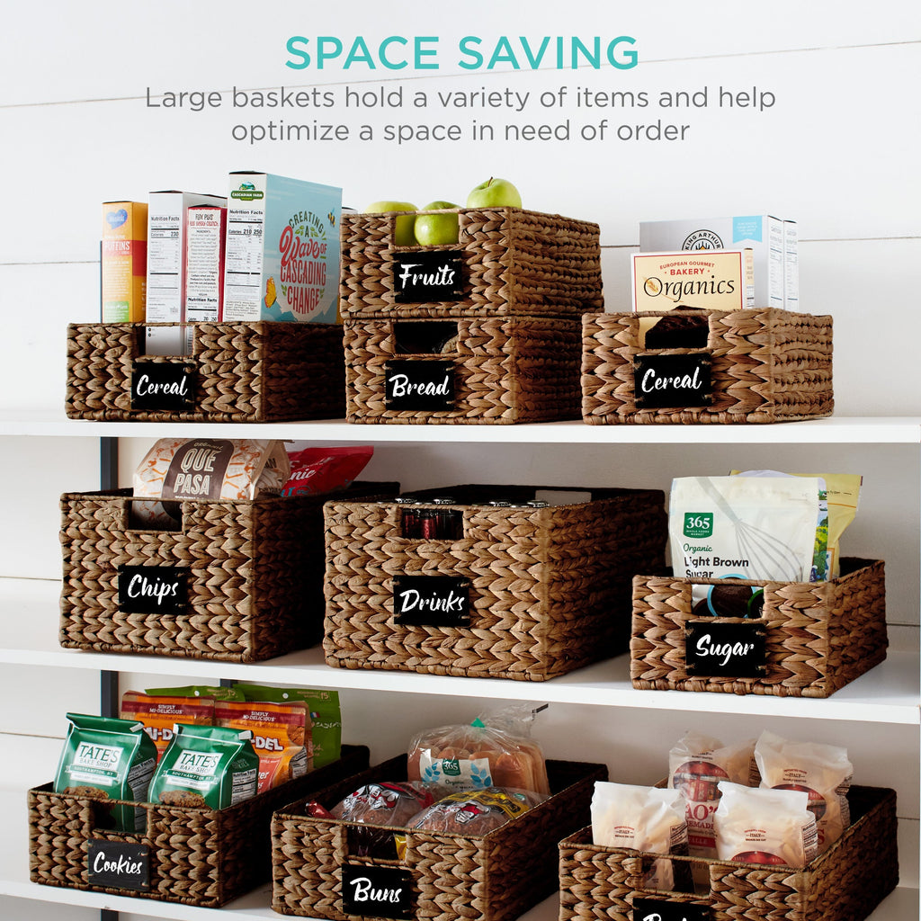 Set of 4 Water Hyacinth Pantry Baskets w/ Chalkboard, Marker - 12in