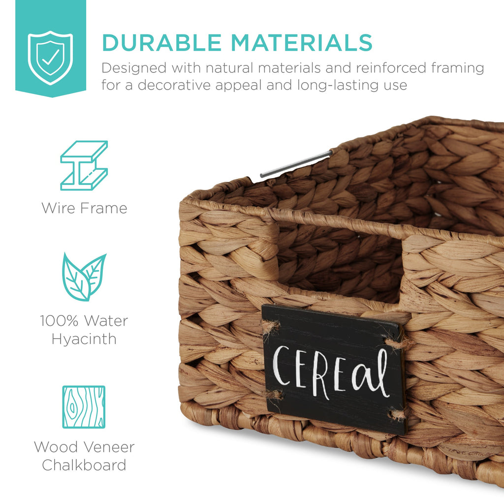 Set of 4 Water Hyacinth Pantry Baskets w/ Chalkboard, Marker - 12in