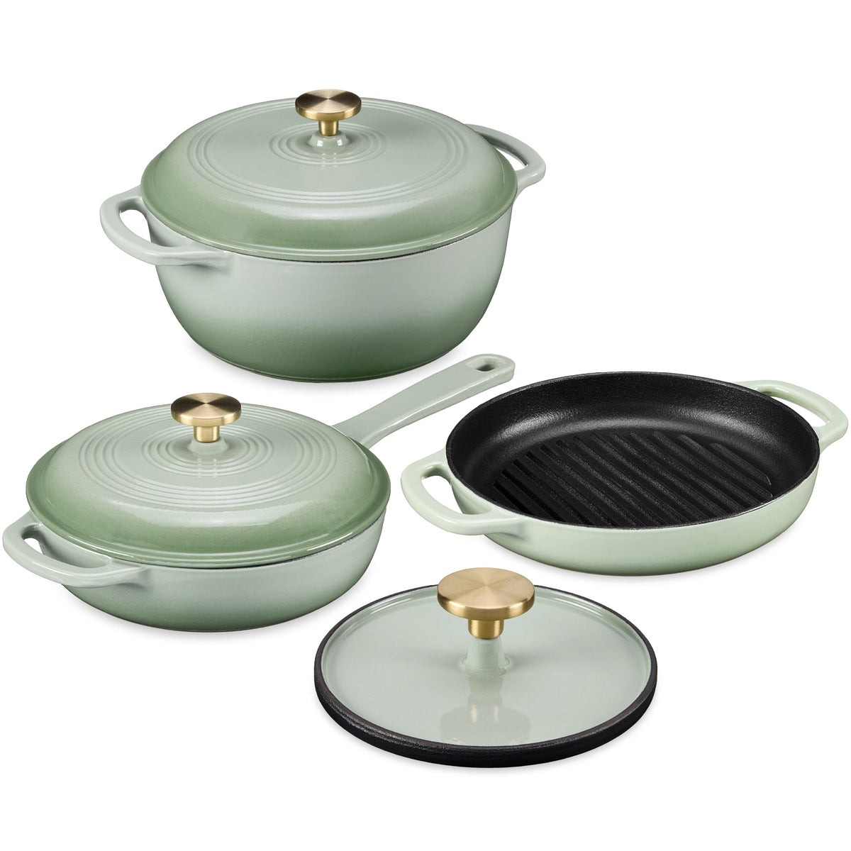 6-Piece Cast Iron Cookware Set, Dutch Oven, Skillet W/Lid, Grill Pan, Press