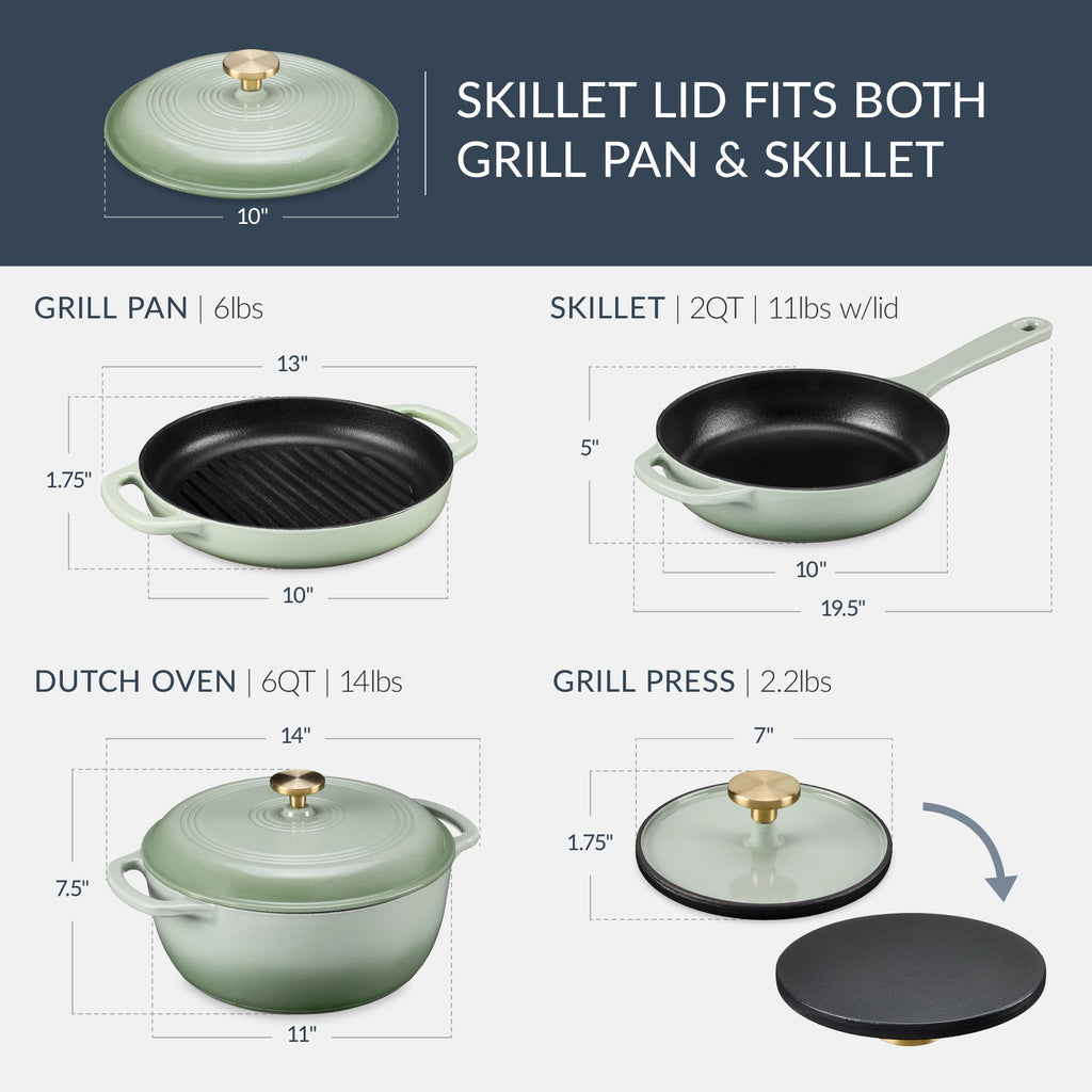 6-Piece Cast Iron Cookware Set, Dutch Oven, Skillet W/Lid, Grill Pan, Press