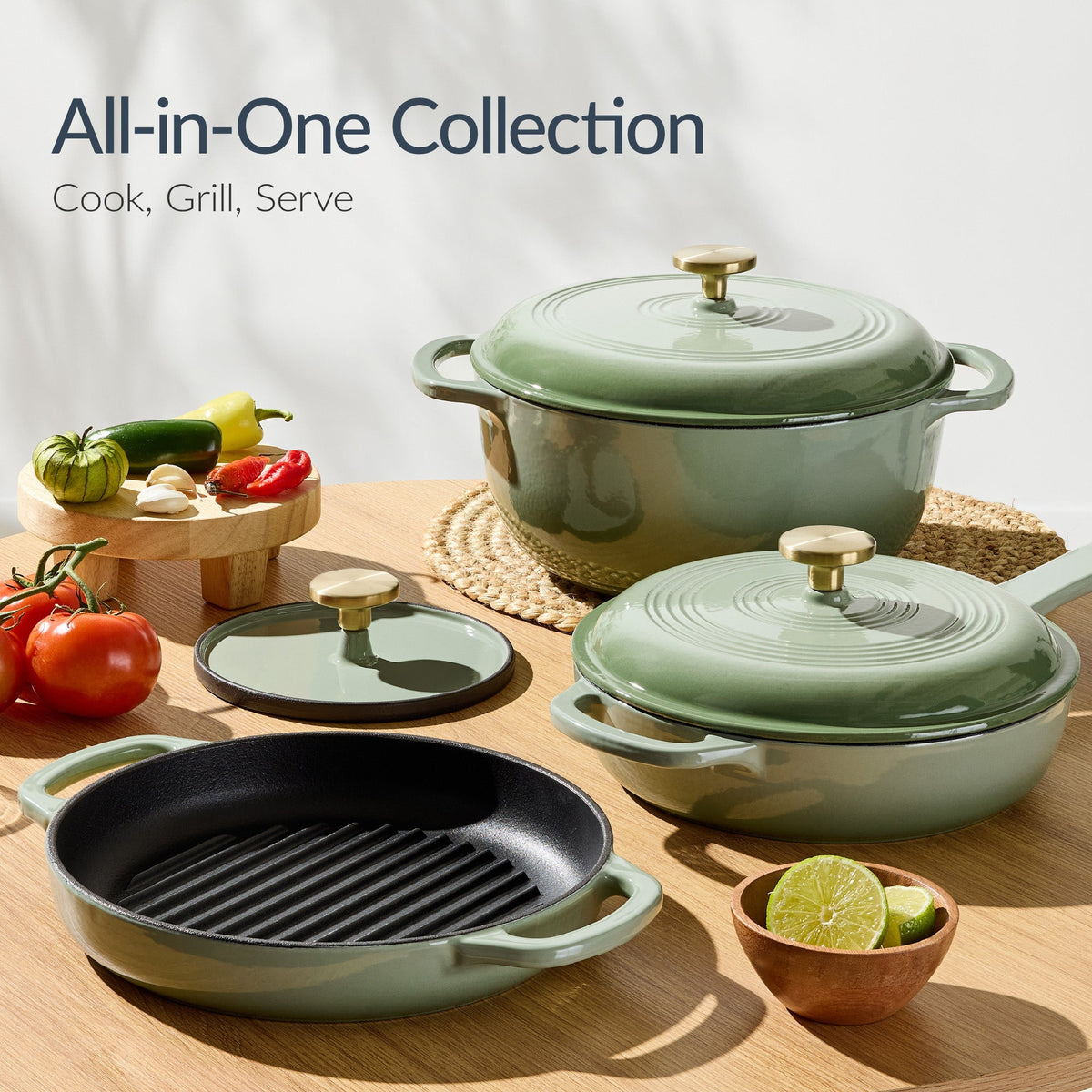 6-Piece Cast Iron Cookware Set, Dutch Oven, Skillet W/Lid, Grill Pan, Press