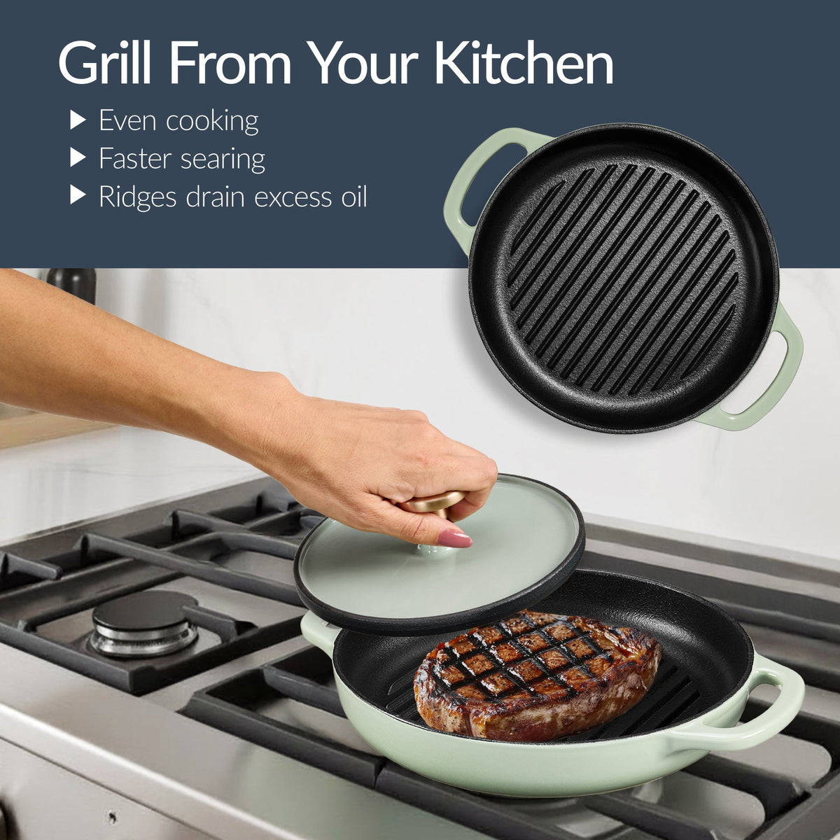 6-Piece Cast Iron Cookware Set, Dutch Oven, Skillet W/Lid, Grill Pan, Press