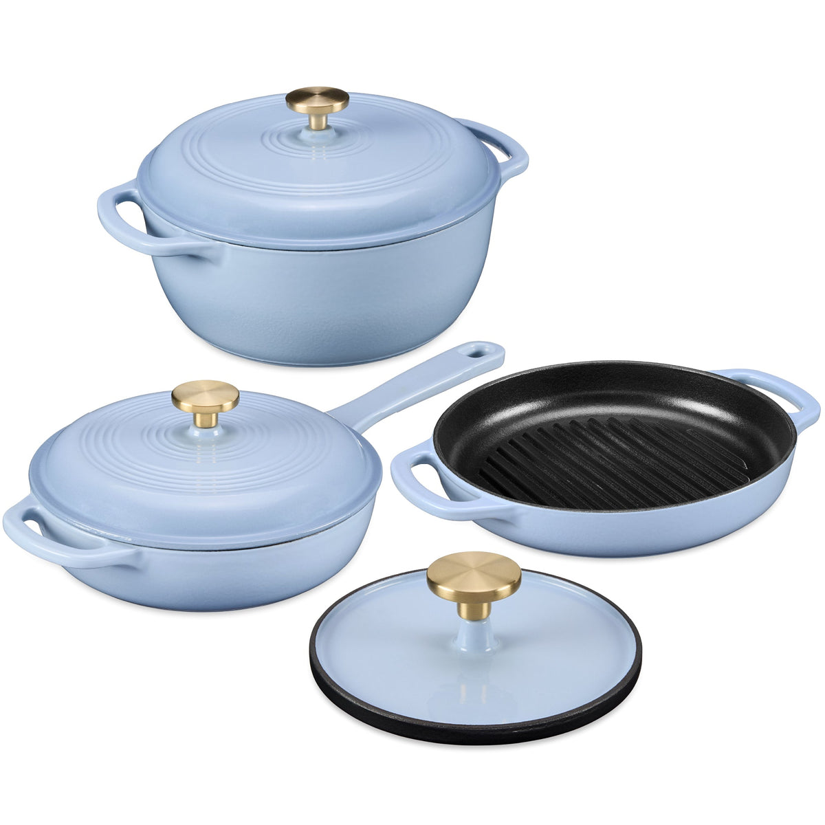 6-Piece Cast Iron Cookware Set, Dutch Oven, Skillet W/Lid, Grill Pan, Press