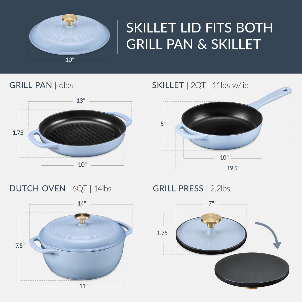 6-Piece Cast Iron Cookware Set, Dutch Oven, Skillet W/Lid, Grill Pan, Press