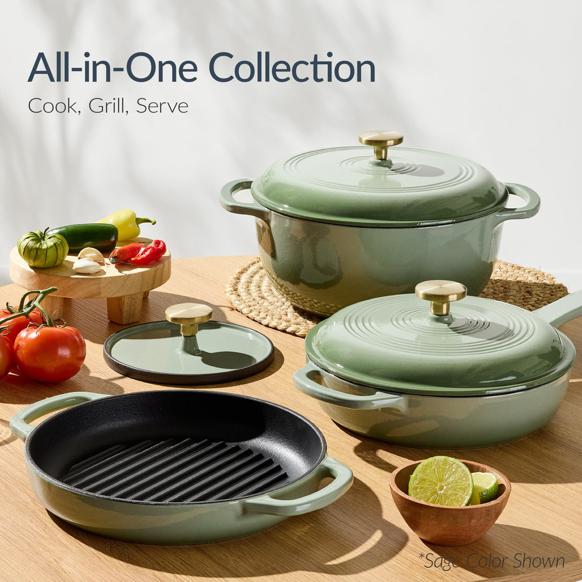 6-Piece Cast Iron Cookware Set, Dutch Oven, Skillet W/Lid, Grill Pan, Press