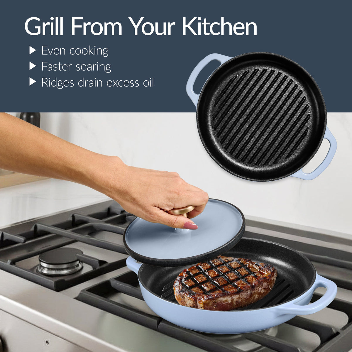 6-Piece Cast Iron Cookware Set, Dutch Oven, Skillet W/Lid, Grill Pan, Press
