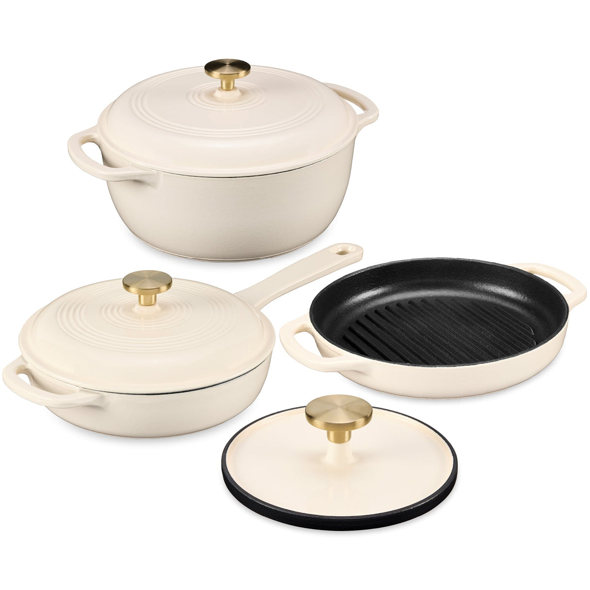 6-Piece Cast Iron Cookware Set, Dutch Oven, Skillet W/Lid, Grill Pan, Press