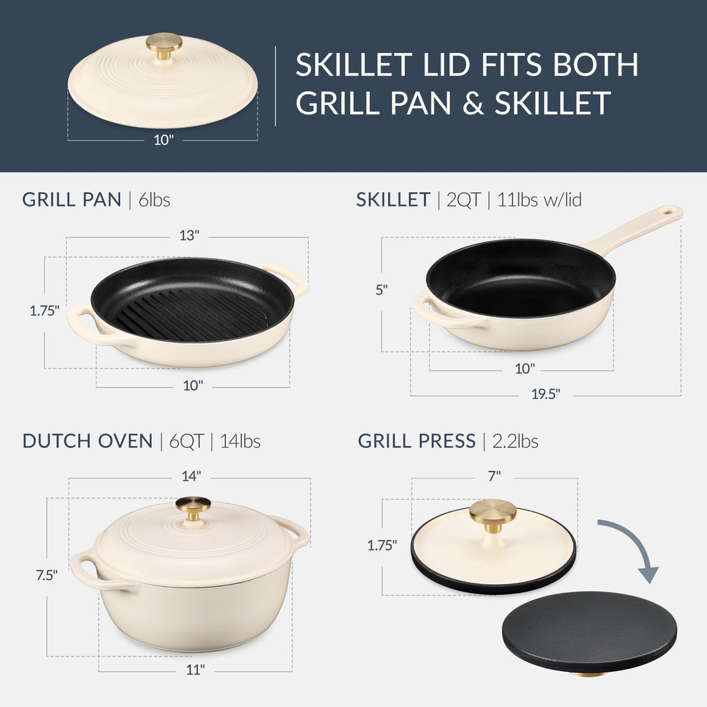 6-Piece Cast Iron Cookware Set, Dutch Oven, Skillet W/Lid, Grill Pan, Press