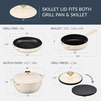 6-Piece Cast Iron Cookware Set, Dutch Oven, Skillet W/Lid, Grill Pan, Press