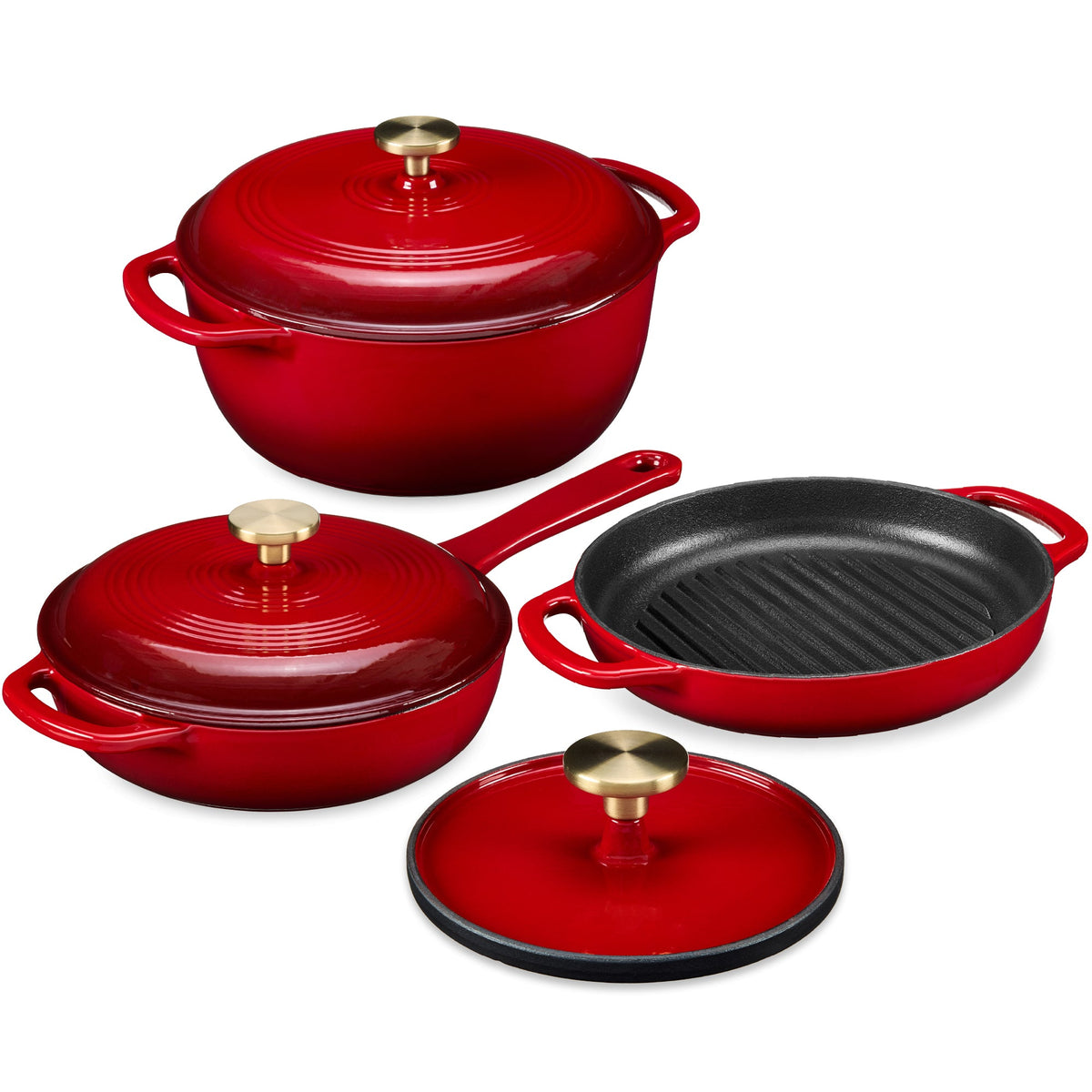 6-Piece Cast Iron Cookware Set, Dutch Oven, Skillet W/Lid, Grill Pan, Press