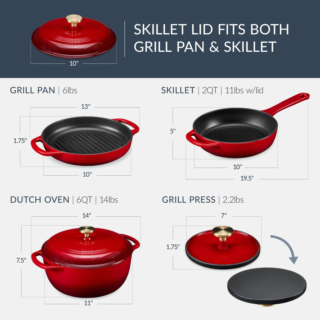 6-Piece Cast Iron Cookware Set, Dutch Oven, Skillet W/Lid, Grill Pan, Press