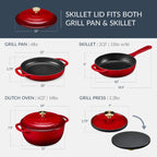6-Piece Cast Iron Cookware Set, Dutch Oven, Skillet W/Lid, Grill Pan, Press