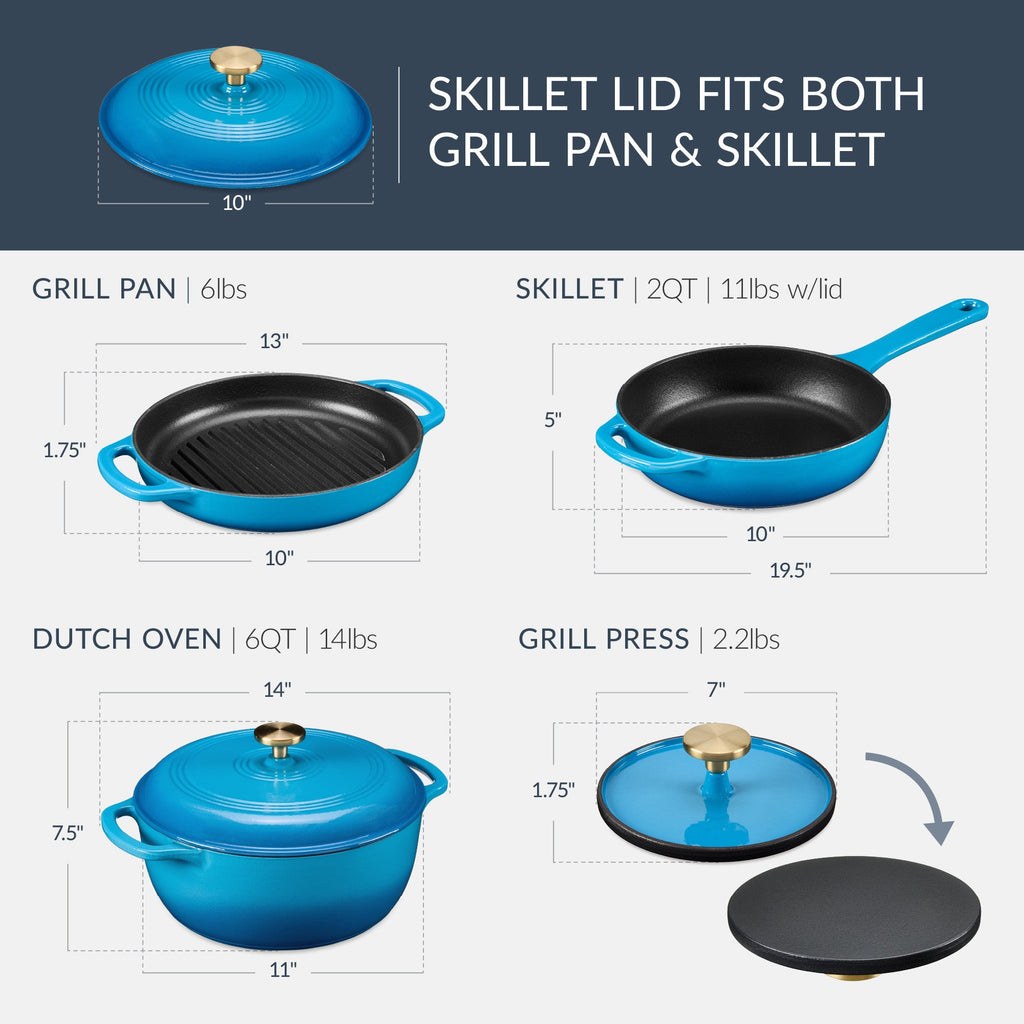 6-Piece Cast Iron Cookware Set, Dutch Oven, Skillet W/Lid, Grill Pan, Press