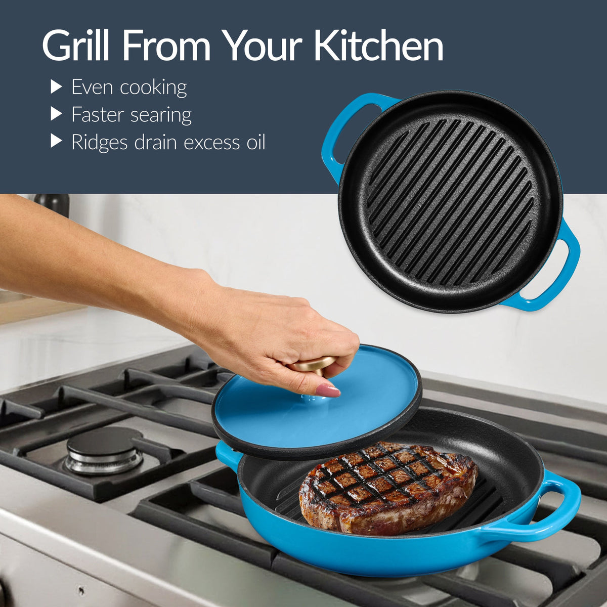 6-Piece Cast Iron Cookware Set, Dutch Oven, Skillet W/Lid, Grill Pan, Press