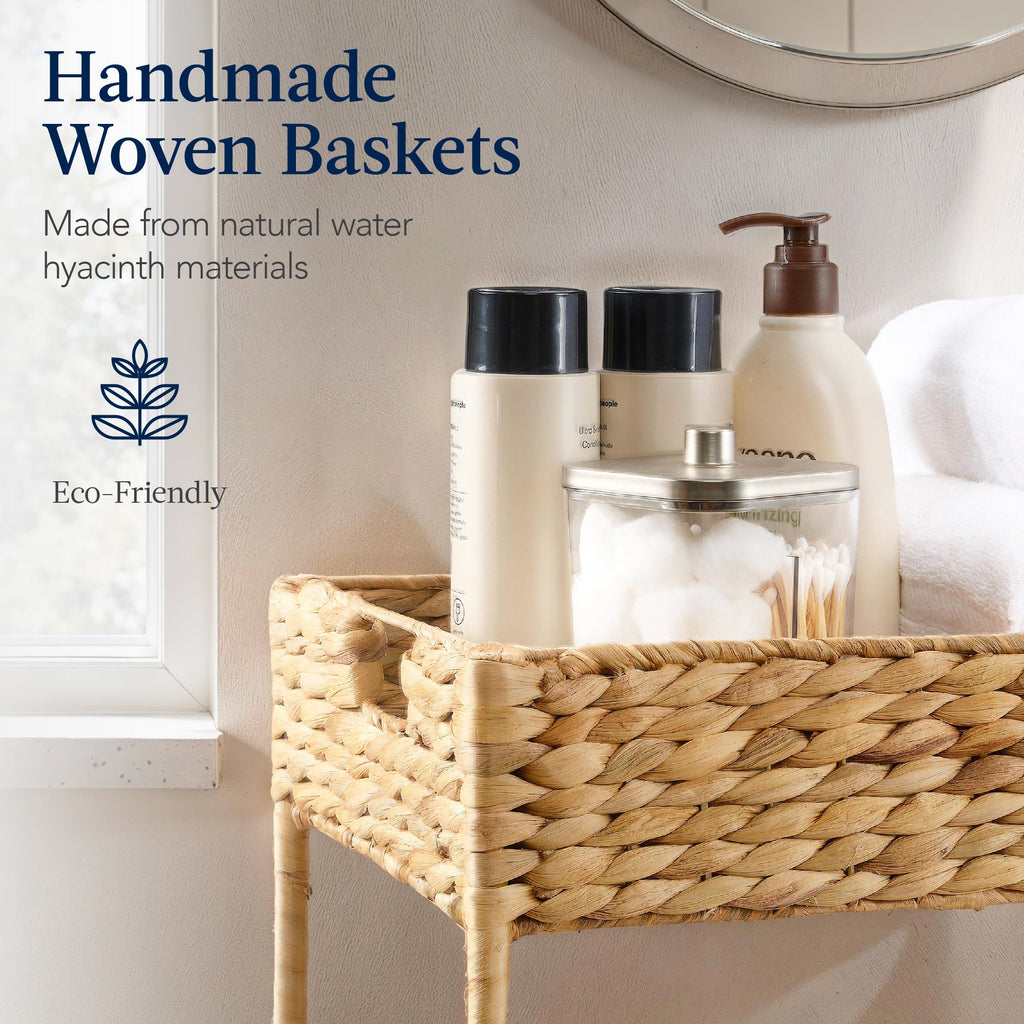 3-Tier Water Hyacinth Rolling Utility Cart w/ Weaved Baskets