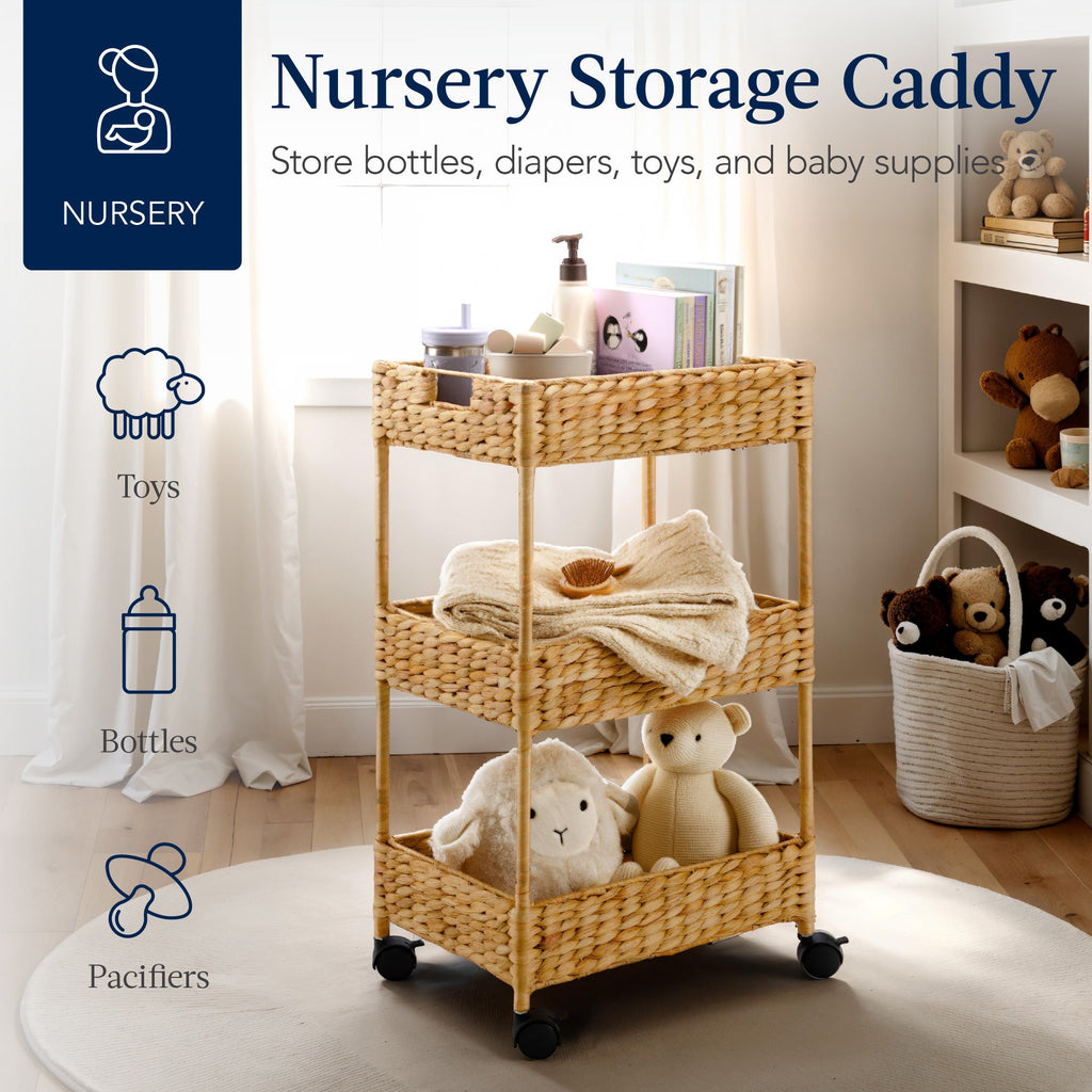 3-Tier Water Hyacinth Rolling Utility Cart w/ Weaved Baskets