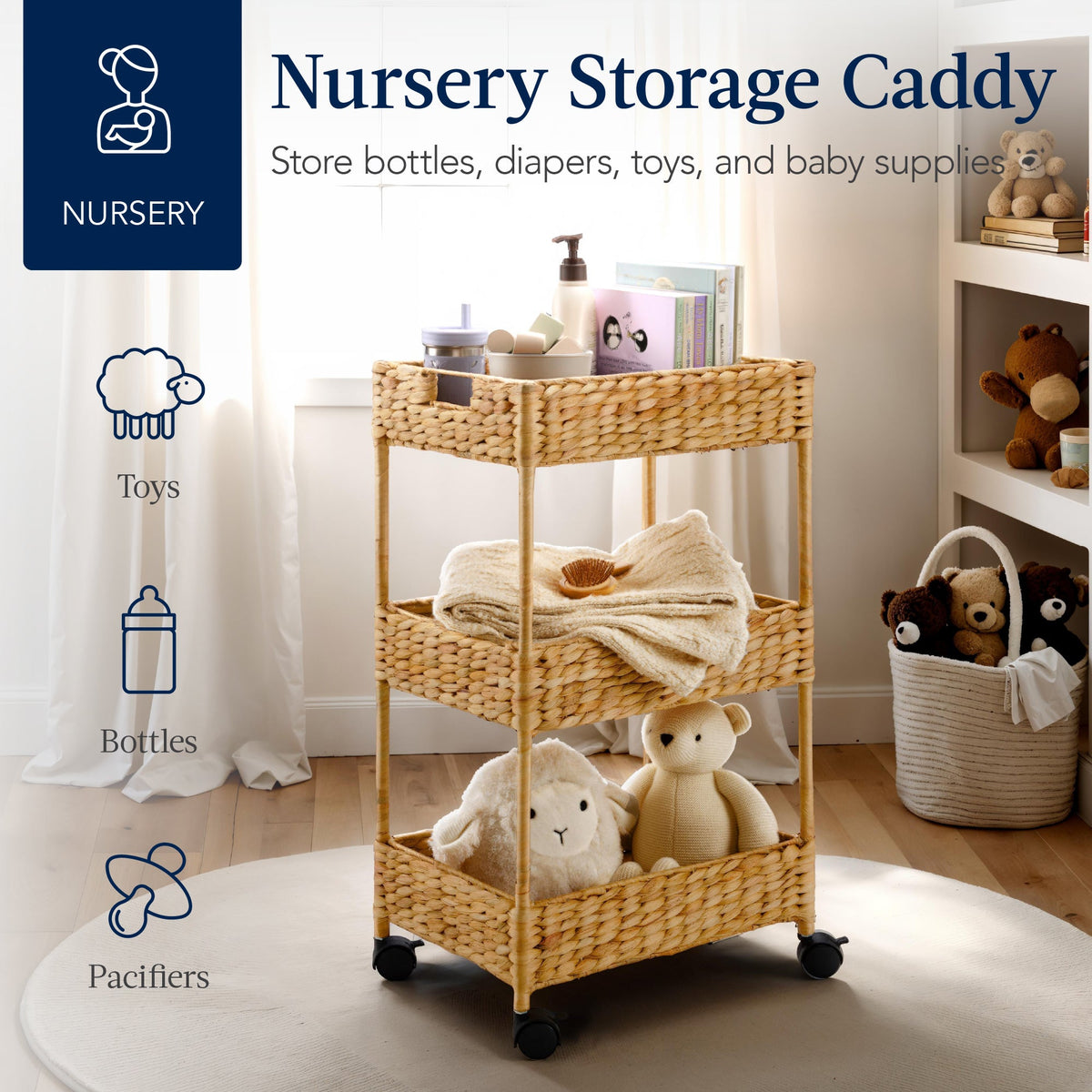 3-Tier Water Hyacinth Rolling Utility Cart w/ Weaved Baskets