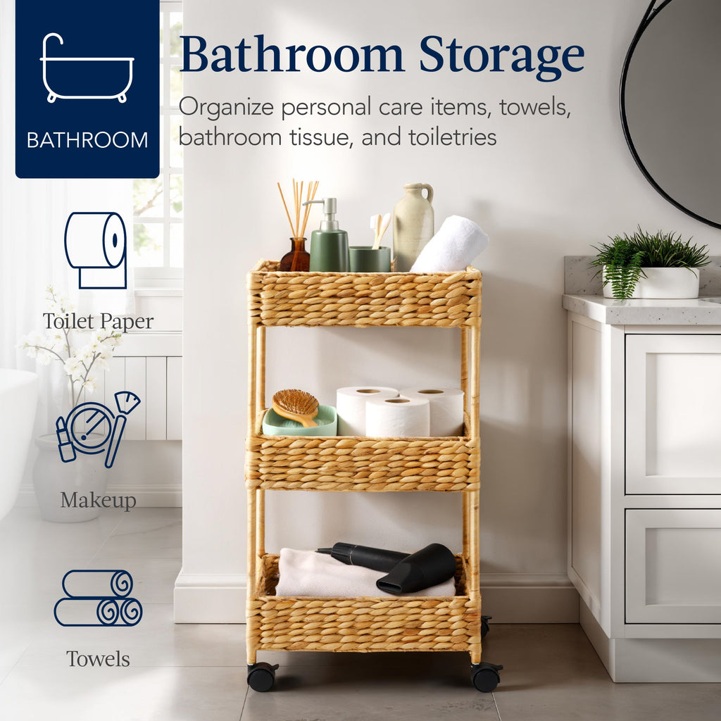 3-Tier Water Hyacinth Rolling Utility Cart w/ Weaved Baskets