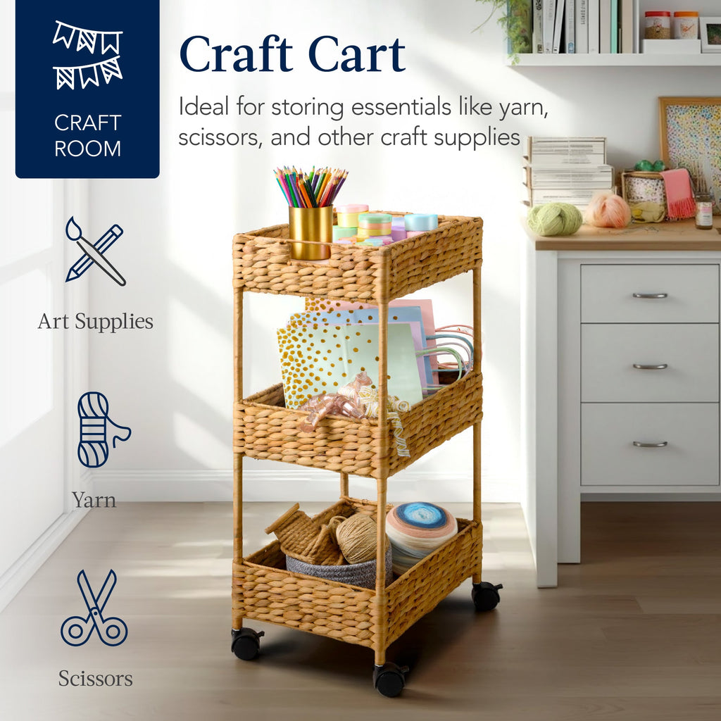 3-Tier Water Hyacinth Rolling Utility Cart w/ Weaved Baskets