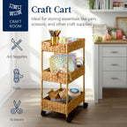 3-Tier Water Hyacinth Rolling Utility Cart w/ Weaved Baskets