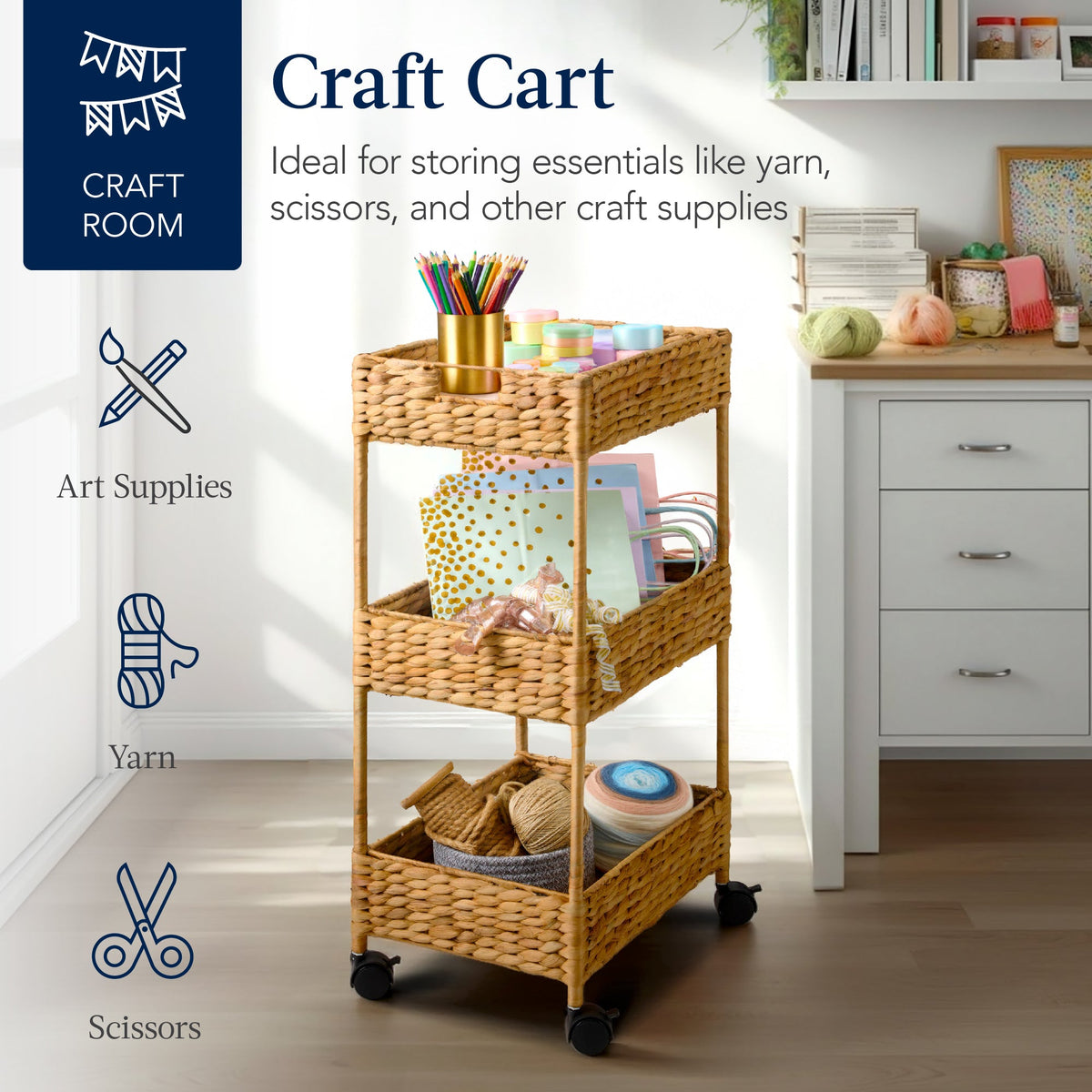 3-Tier Water Hyacinth Rolling Utility Cart w/ Weaved Baskets