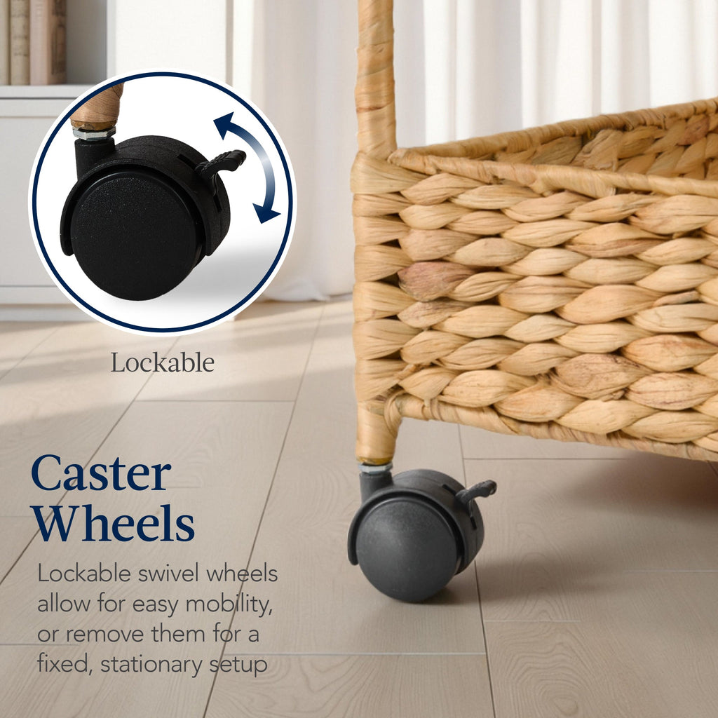 3-Tier Water Hyacinth Rolling Utility Cart w/ Weaved Baskets