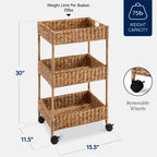 3-Tier Water Hyacinth Rolling Utility Cart w/ Weaved Baskets