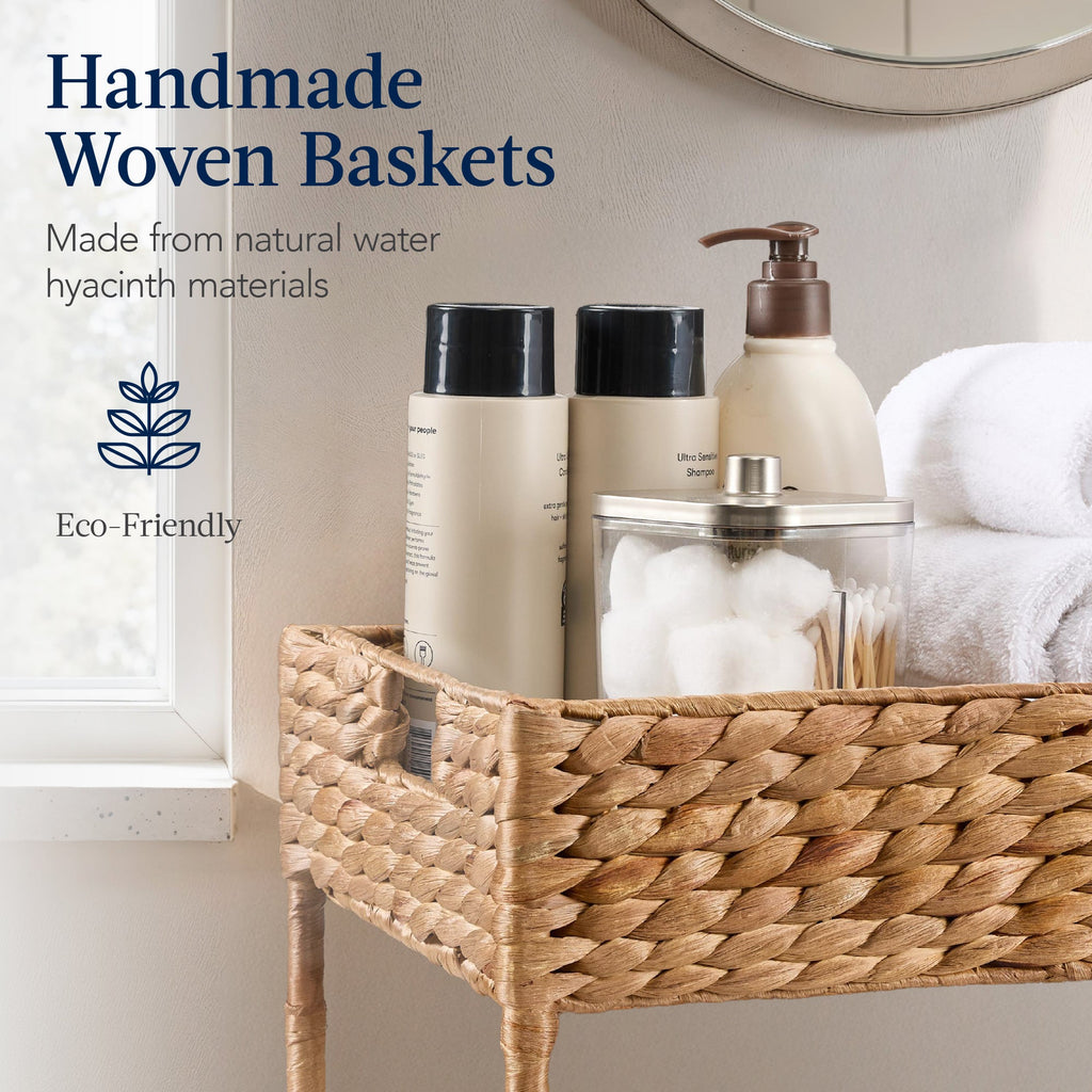 3-Tier Water Hyacinth Rolling Utility Cart w/ Weaved Baskets