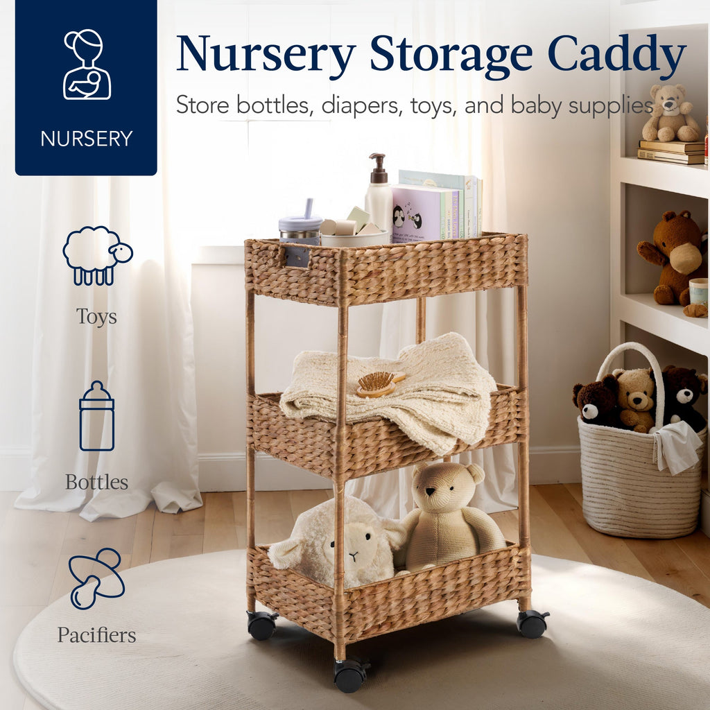 3-Tier Water Hyacinth Rolling Utility Cart w/ Weaved Baskets