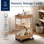 3-Tier Water Hyacinth Rolling Utility Cart w/ Weaved Baskets