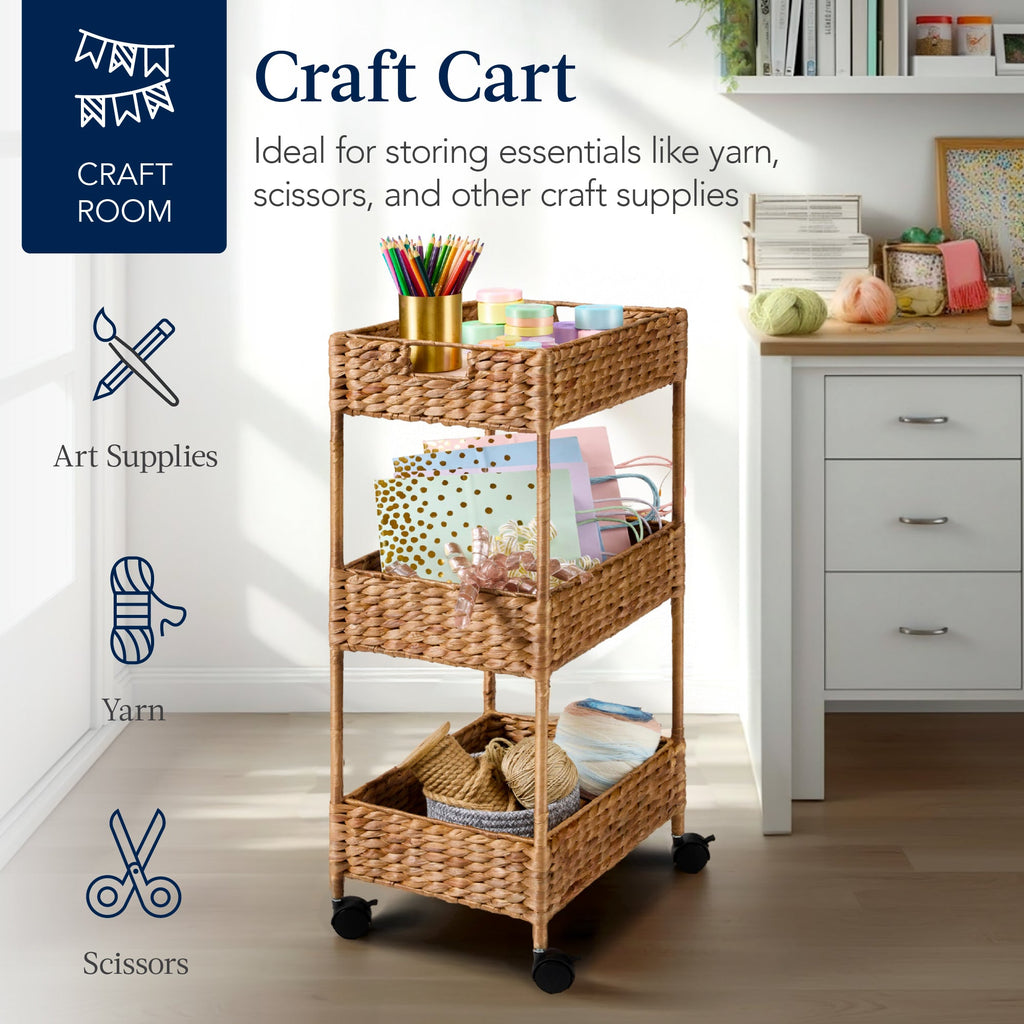 3-Tier Water Hyacinth Rolling Utility Cart w/ Weaved Baskets