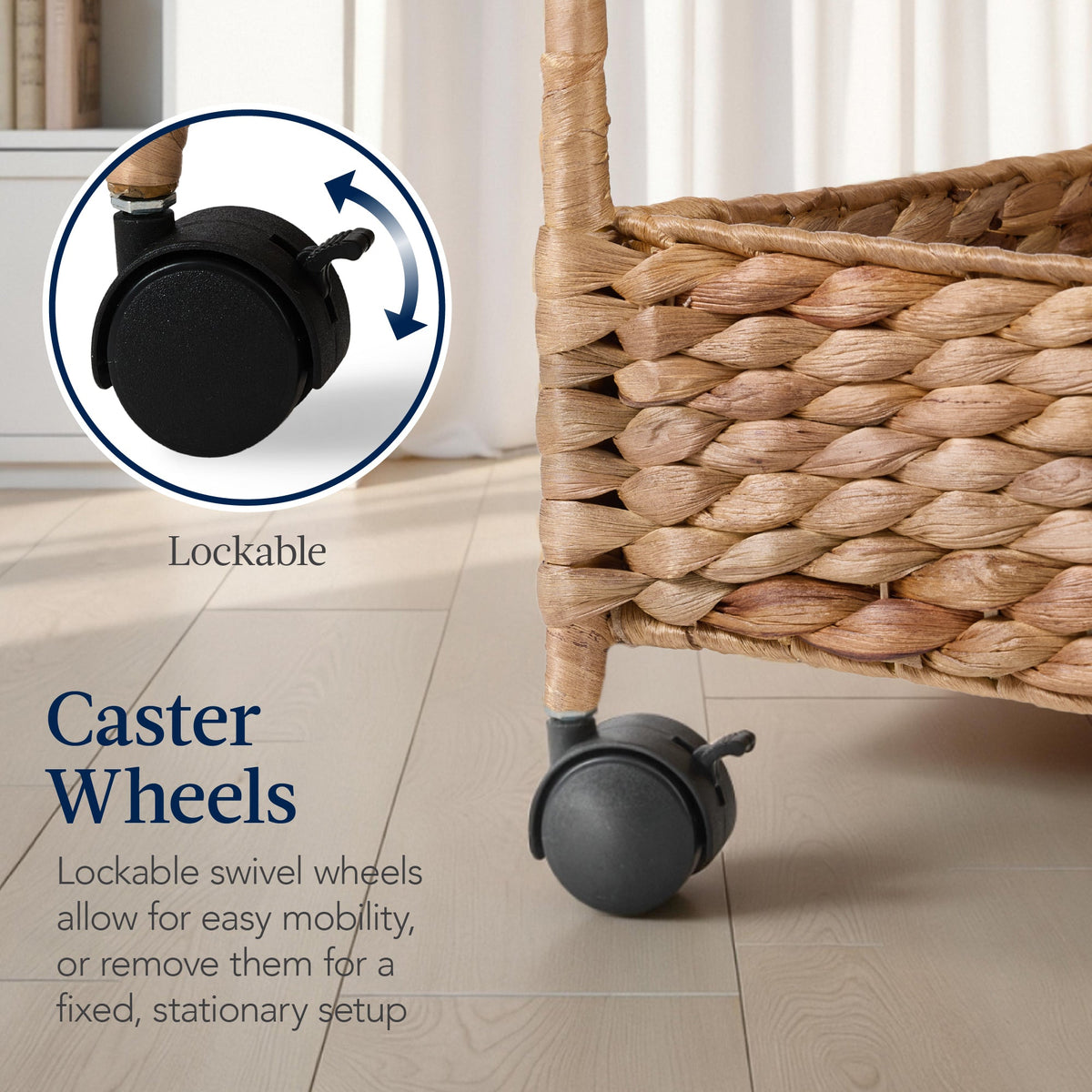3-Tier Water Hyacinth Rolling Utility Cart w/ Weaved Baskets
