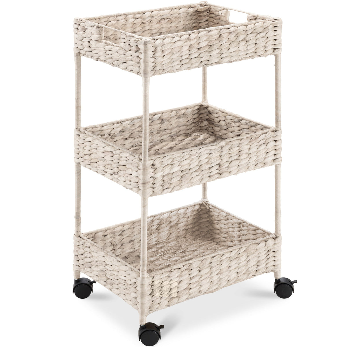 3-Tier Water Hyacinth Rolling Utility Cart w/ Weaved Baskets