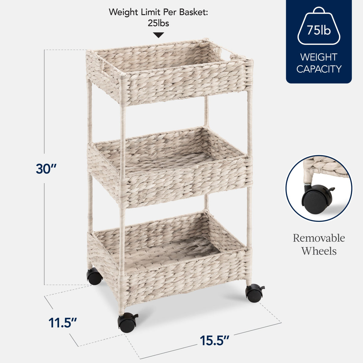 3-Tier Water Hyacinth Rolling Utility Cart w/ Weaved Baskets