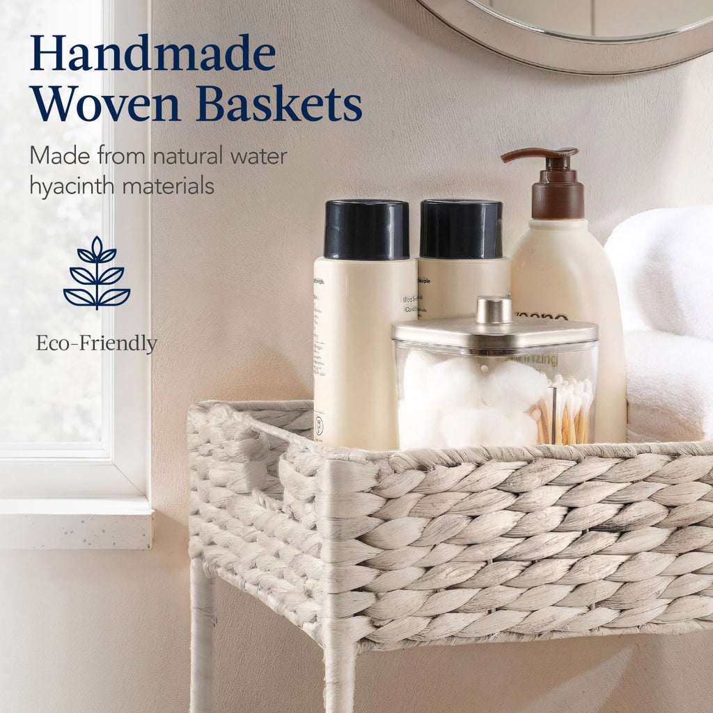 3-Tier Water Hyacinth Rolling Utility Cart w/ Weaved Baskets