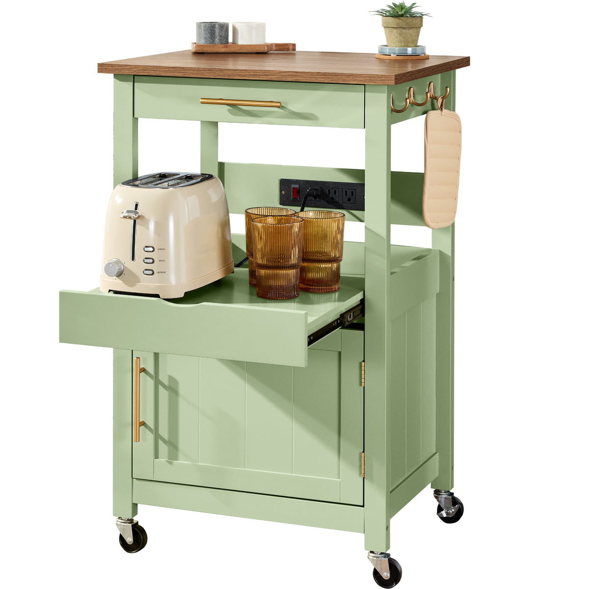 Rolling Kitchen Island Cart, Cabinet W/ Drawer, Sliding Tray, Outlet, Wheels