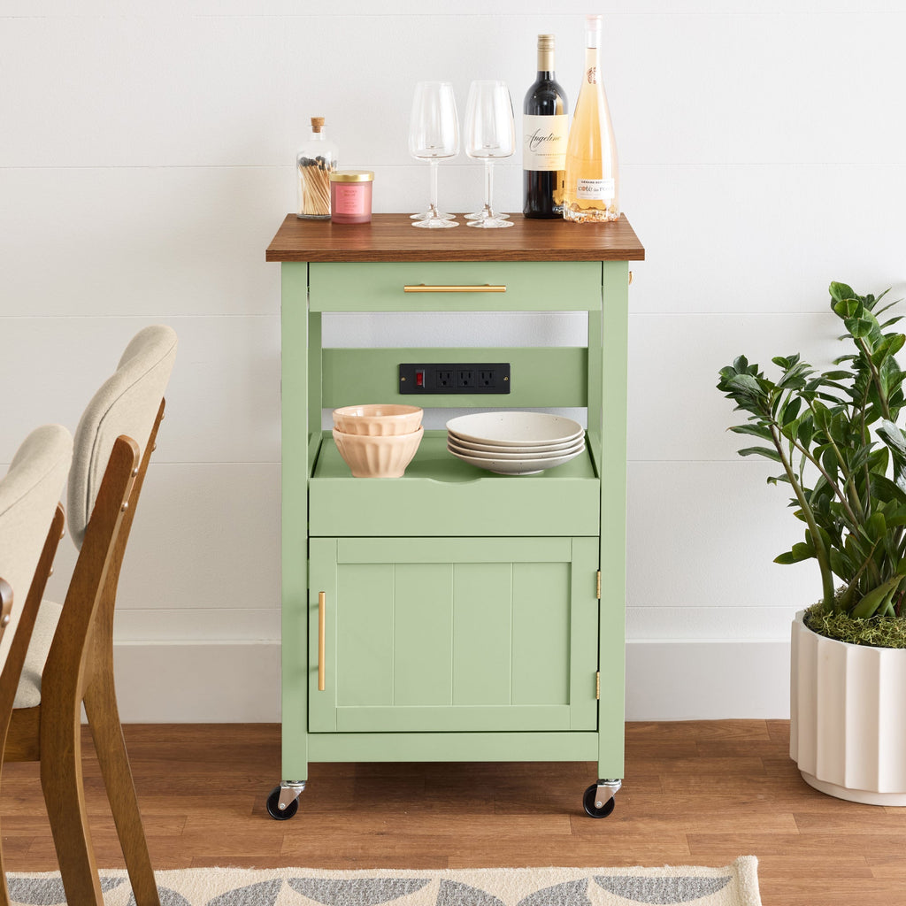 Rolling Kitchen Island Cart, Cabinet W/ Drawer, Sliding Tray, Outlet, Wheels