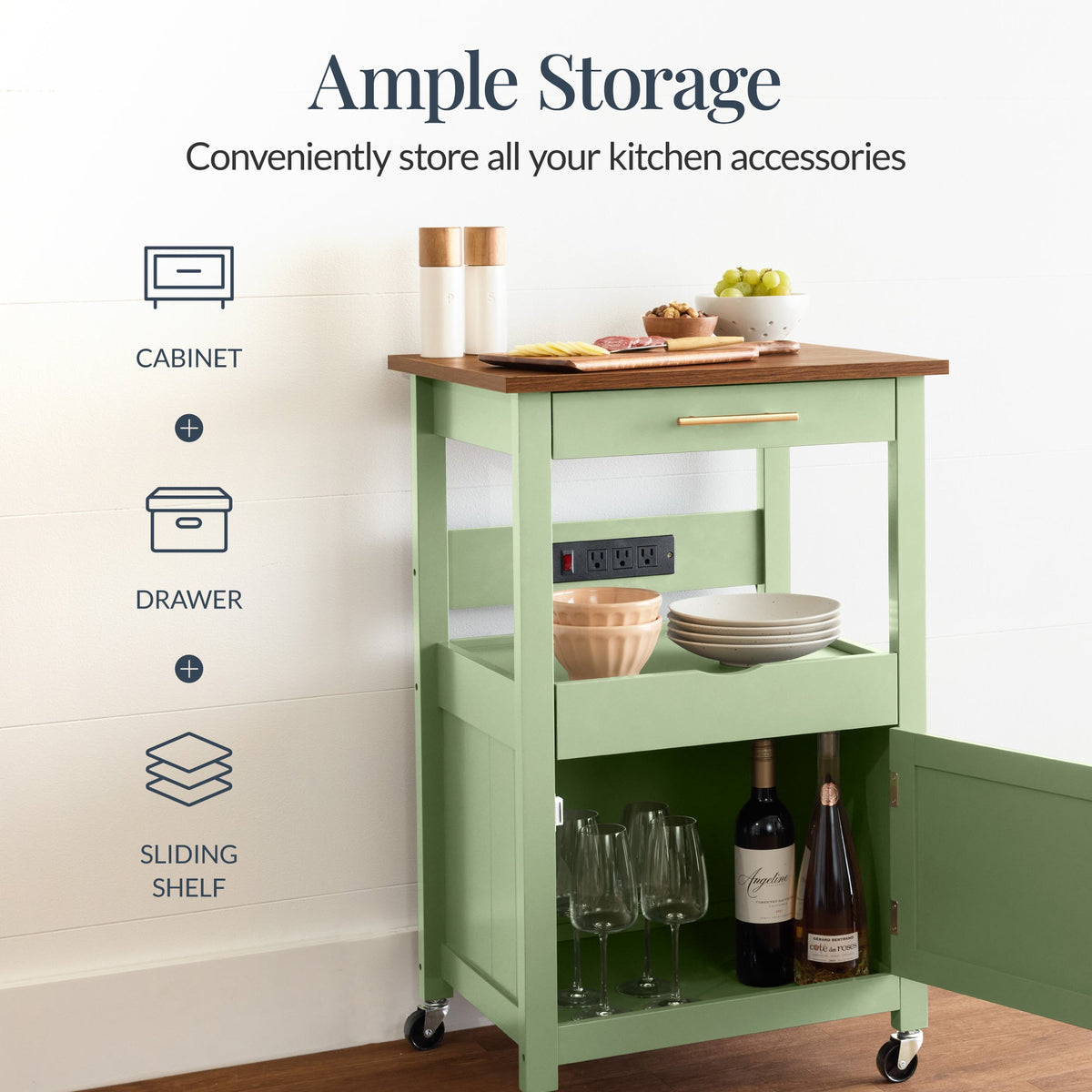 Rolling Kitchen Island Cart, Cabinet W/ Drawer, Sliding Tray, Outlet, Wheels